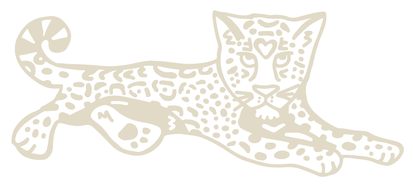 Line drawing of a lounging leopard with intricate patterns on a black background.