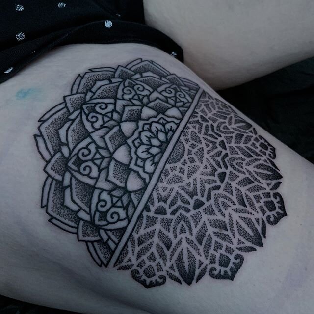 Fun thigh mandala for Kelly. 
#tattoo #killerink #killerinksupplies #tattoos #dotwork #dots #dotworktattoo #dotshading #blackworkers  #uktta #uktattoo #geometry #geometric #geometrictattoo #tattooartist #southampton #blacktattoo #dotsandpatterns #bta
