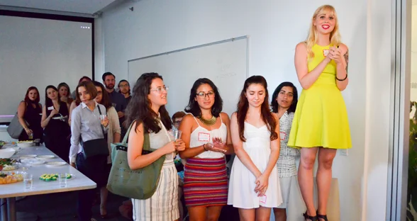Photo: Erin introduces the Dream, Girl Kickstarter video at their launch party hosted by NY Tech Meetup & Control Group.