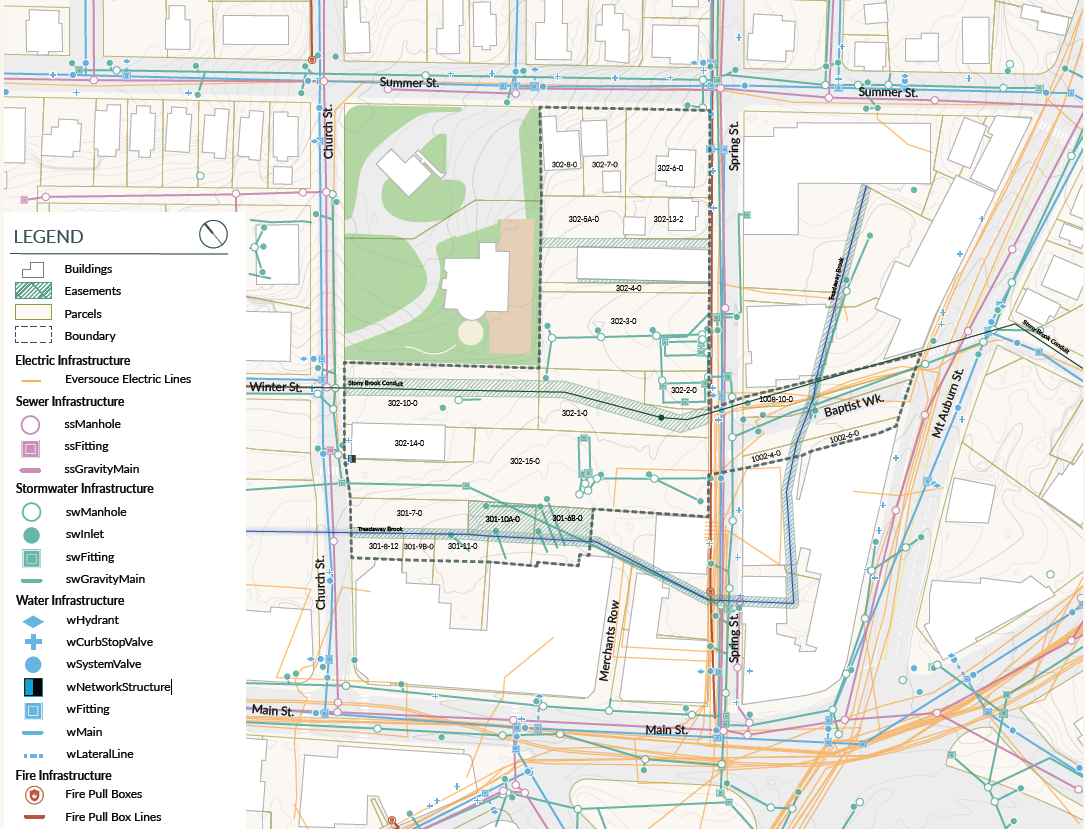 Map of the modern day infrastructure and constraints of the demonstration project area.