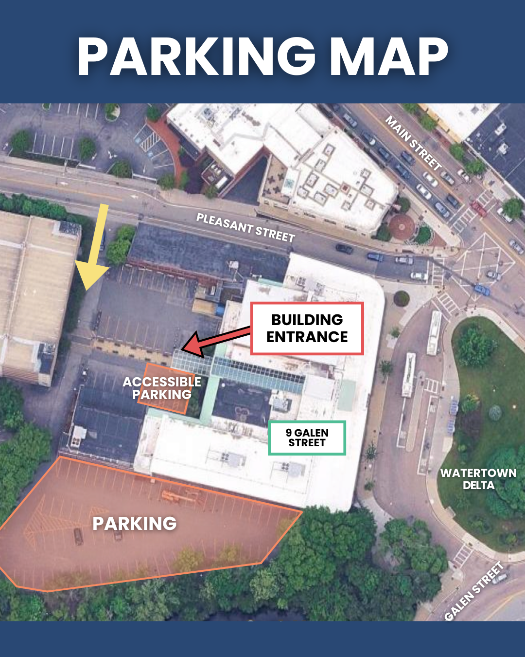 aerial image of 9 Galen Street with two surface level parking lots highlighted, one closer to the entrance with accessible parking spaces, and one near the river with nearly 100 parking spots.