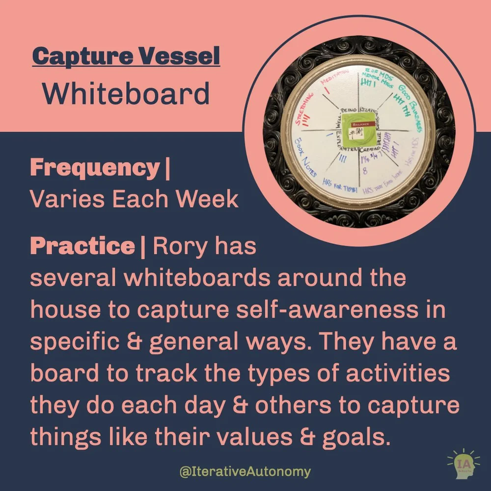  Capture Vessel: Whiteboard (word &amp; pic) - Frequency: Varies Each Week. Practice: Rory has several whiteboards around the house to capture self-awareness in specific &amp; general ways. They have a board to track the types of activities they do e