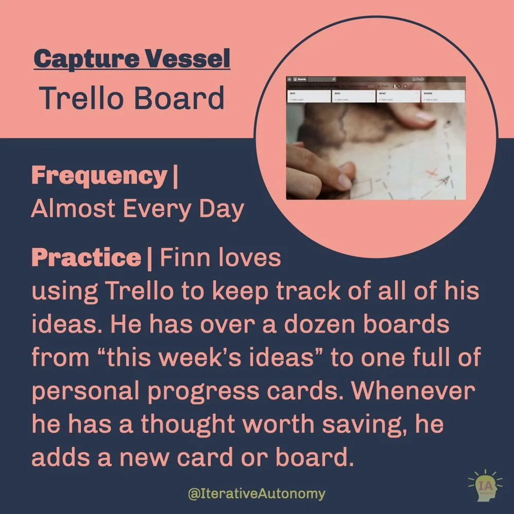  Capture Vessel: Trello Board (word &amp; pic) - Frequency: Almost Every Day. Practice: Finn loves using Trello to keep track of all of his ideas. He has over a dozen boards from “this week’s ideas” to one full of personal progress cards. Whenever he
