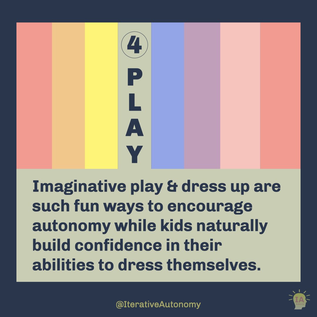  Page 4 is green with the title “PLAY” in dark blue text at the top. Followed by dark blue text that reads “Imaginative play &amp; dress up are such fun ways to encourage autonomy while kids naturally build confidence in their abilities to dress them