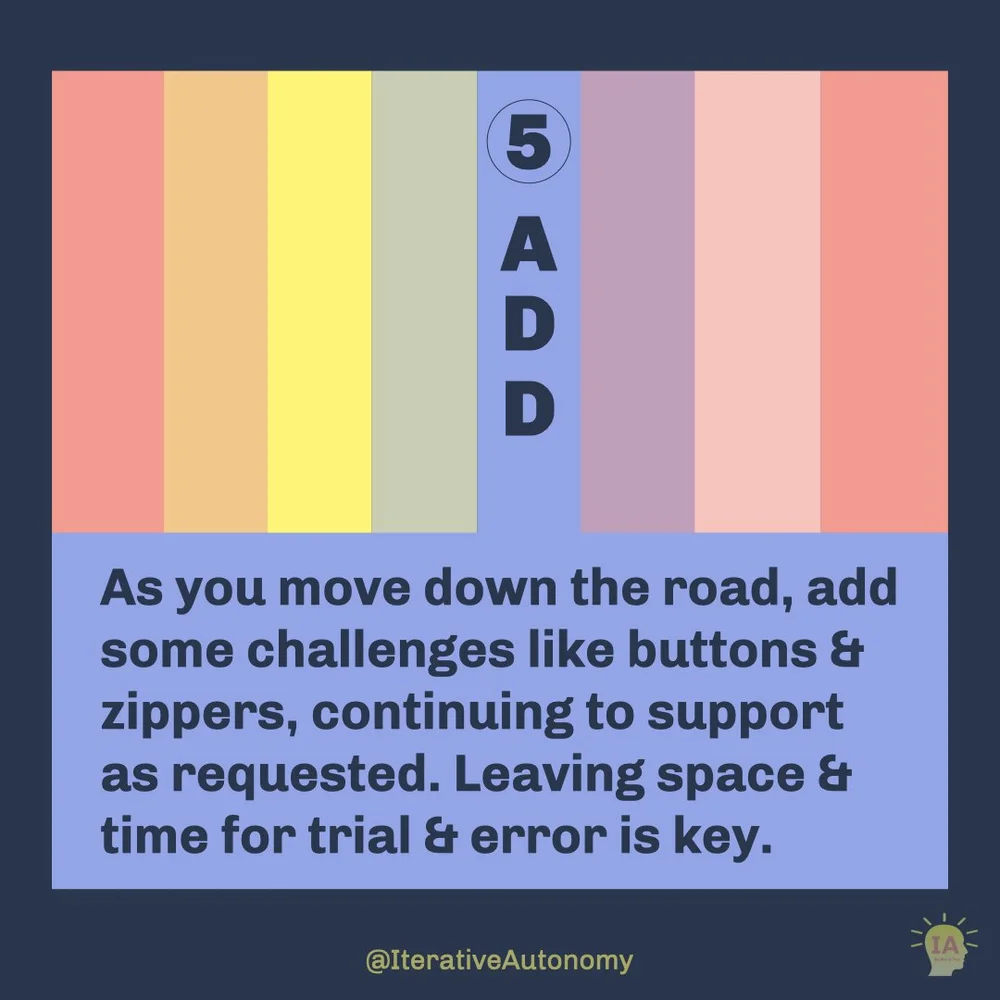  Page 5 is blue with the title “ADD” in dark blue text at the top. Followed by dark blue text that reads “As you move down the road, add some challenges like buttons &amp; zippers, continuing to support as requested. Leaving space &amp; time for tria