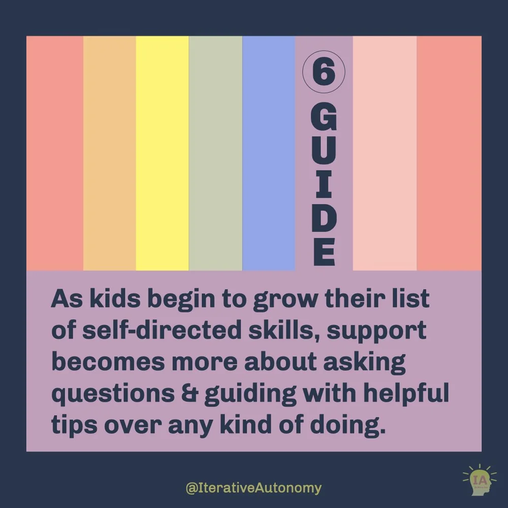  Page 6 is purple with the title “GUIDE” in dark blue text at the top. Followed by dark blue text that reads “As kids begin to grow their list of self-directed skills, support becomes more about asking questions &amp; guiding with helpful tips over a