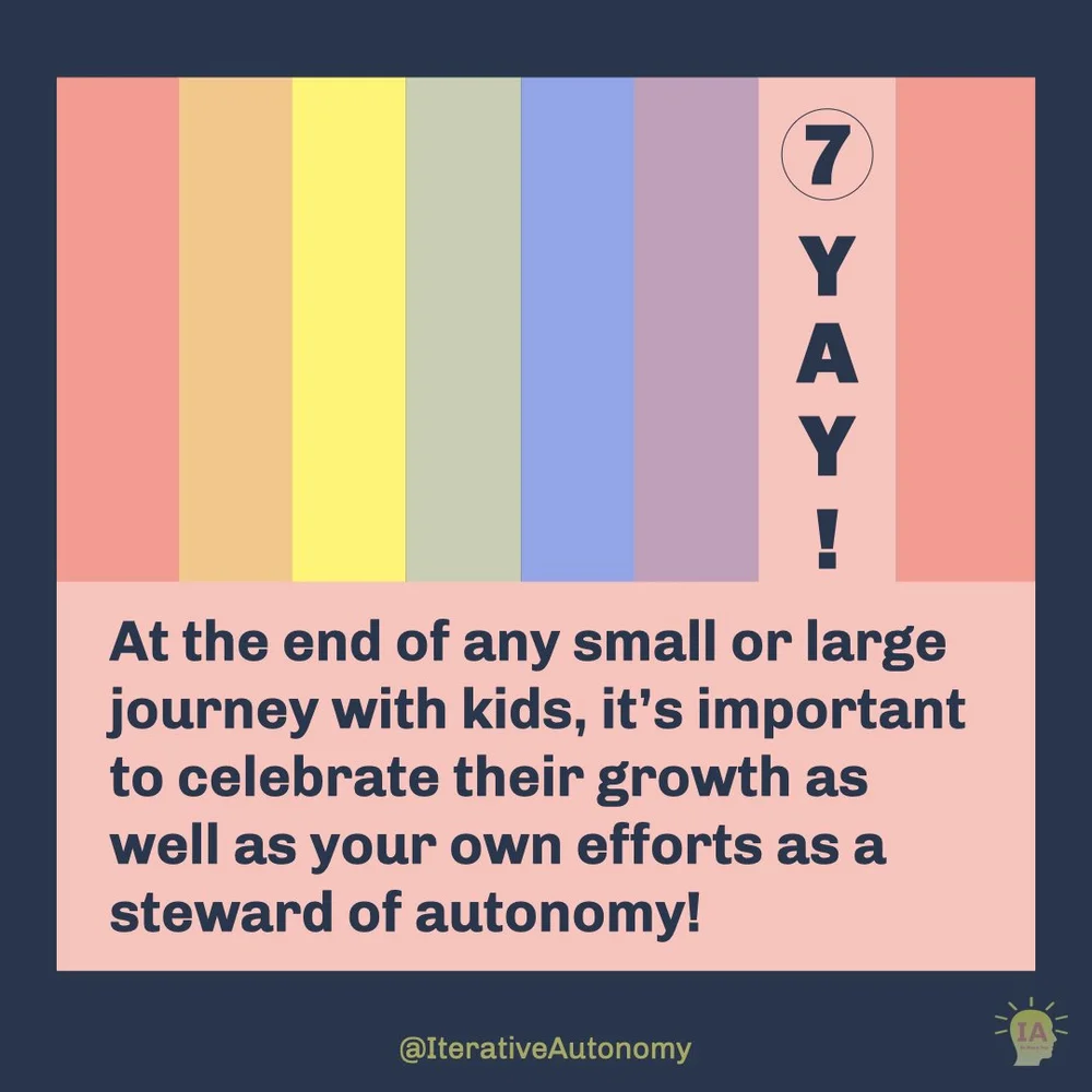 Page 7 is pink with the title “YAY!” in dark blue text at the top. Followed by dark blue text that reads “At the end of any small or large journey with kids, it’s important to celebrate their growth as well as your own efforts as a steward of autono