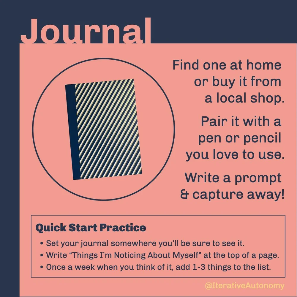  Journal (word &amp; pic) - Find one at home or buy it from a local shop. Pair it with a pen or pencil you love to use. Write a prompt &amp; capture away!  Quick Start Practice -  Set your journal somewhere you’ll be sure to see it. Write “Things I’m