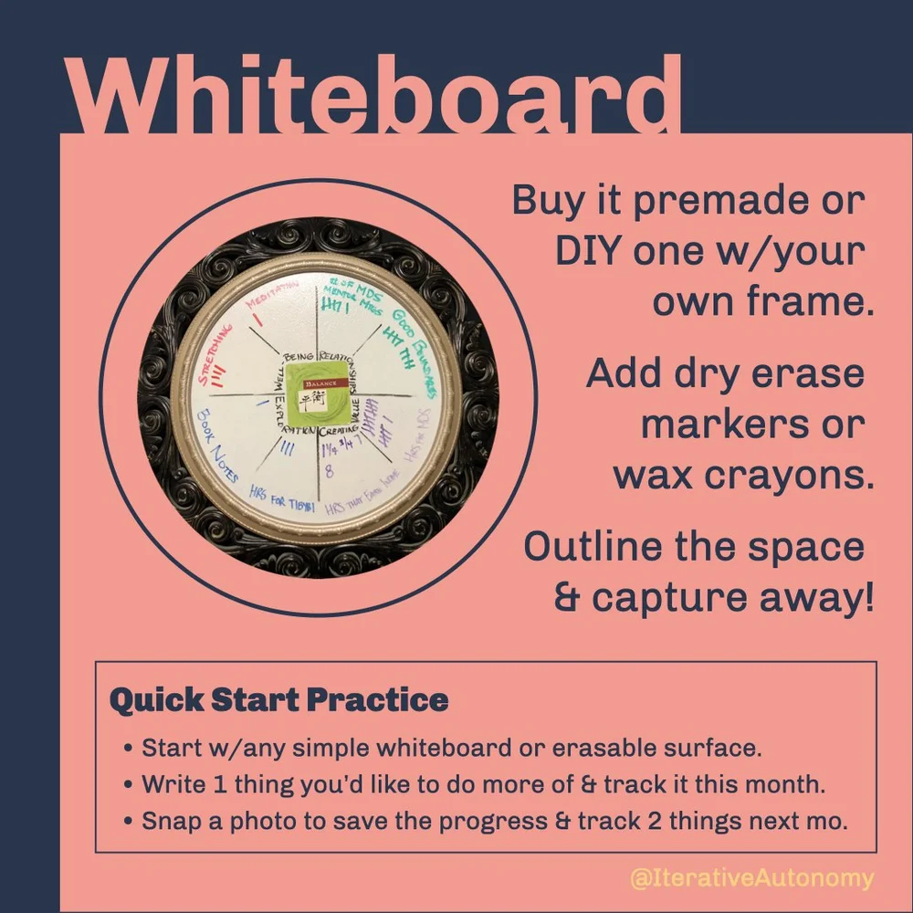  Whiteboard (word &amp; pic) - Buy it premade or DIY one w/your own frame. Add dry erase markers or wax crayons. Outline the space&nbsp;&amp; capture away!  Quick Start Practice -  Start w/any simple whiteboard or erasable surface. Write 1 thing you’
