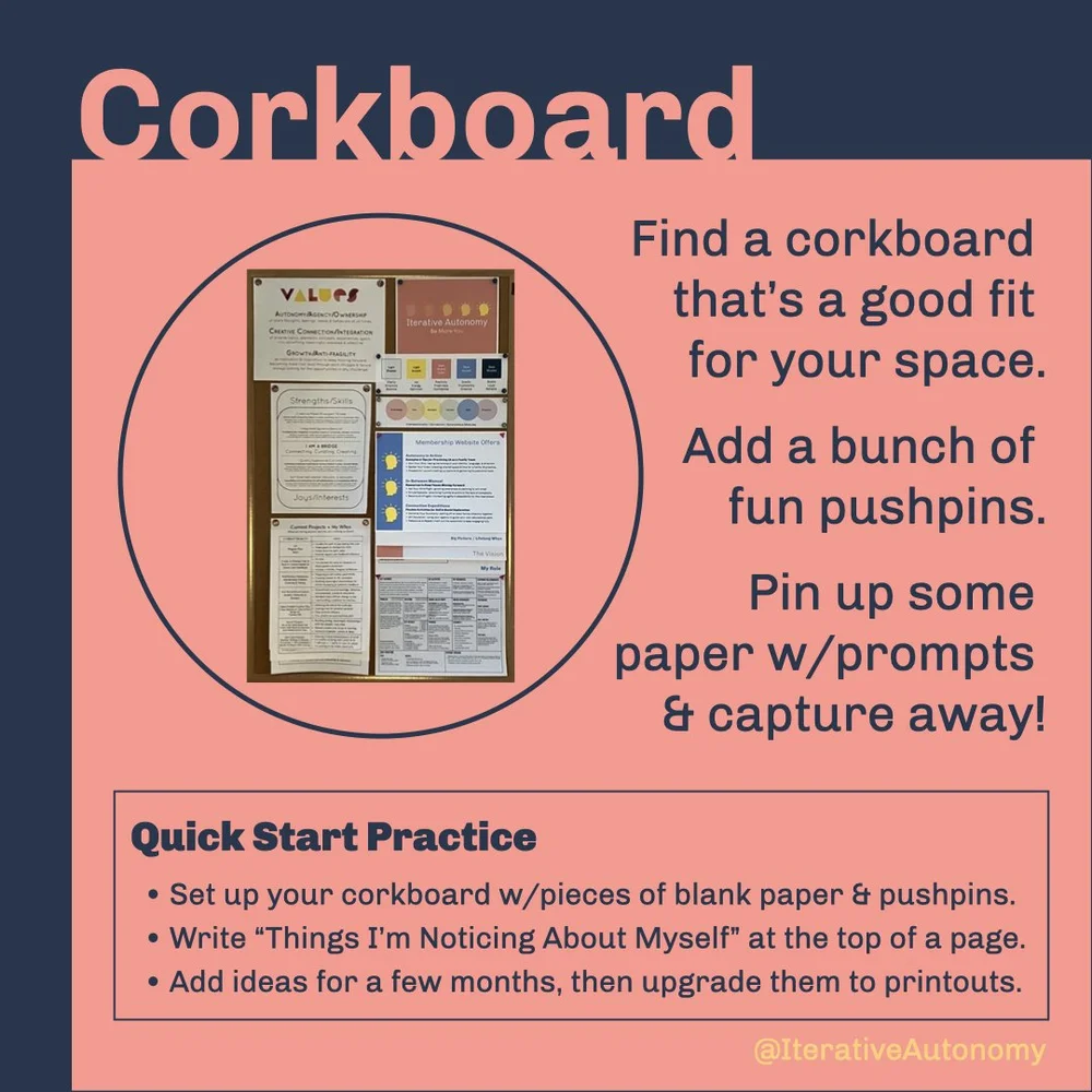  Corkboard (word &amp; pic) - Find a corkboard that’s a good fit for your space. Add a bunch of&nbsp;fun pushpins. Pin up some&nbsp;paper w/prompts &amp; capture away!  Quick Start Practice -  Set up your corkboard w/pieces of blank paper &amp; pushp