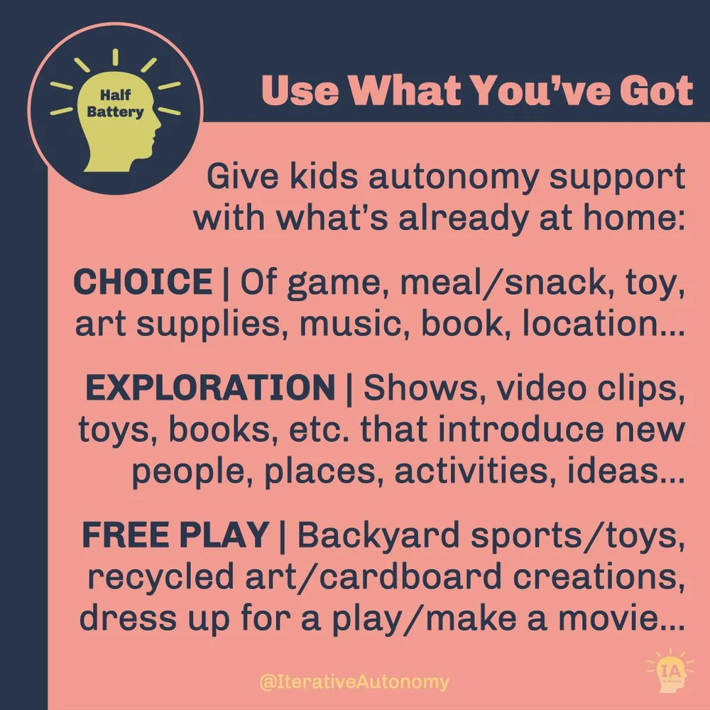  The bright yellow “Half Battery” lightbulb head circle is in the upper left corner. Title reads “Use What You’ve Got”. The following text reads “Give kids autonomy support&nbsp;with what’s already at home: CHOICE - Of game, meal/snack, toy, art supp