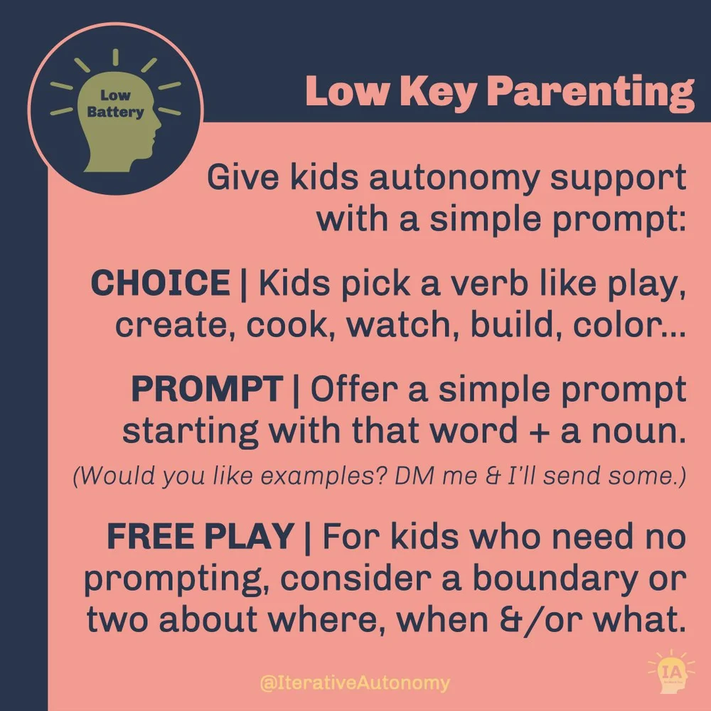  The bright yellow “Low Battery” lightbulb head circle is in the upper left corner. Title reads “Low Key Parenting”. The following text reads “Give kids autonomy support with a simple prompt: CHOICE - Kids pick a verb like play, create, cook, watch, 