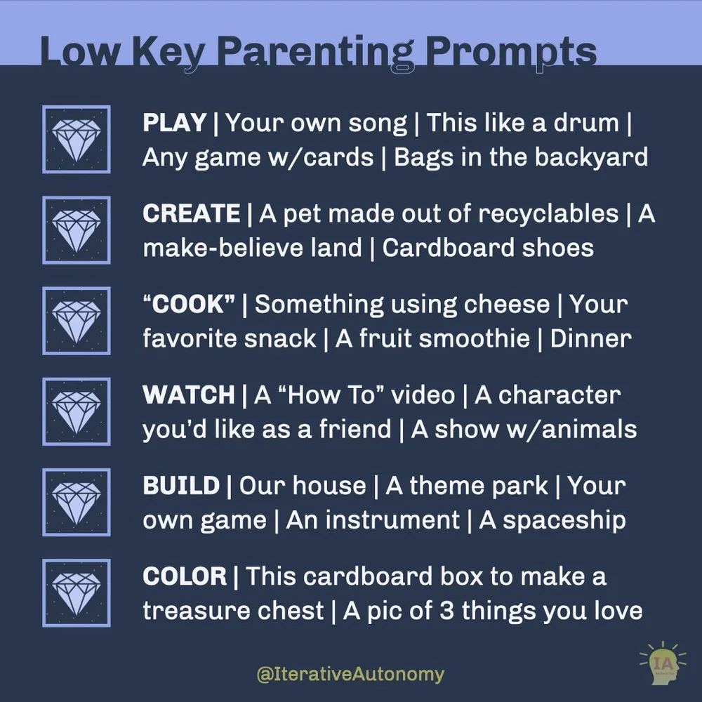  Title is dark blue text over a light blue background: Low Key Parenting Prompts.&nbsp;Phrases to Support Autonomy with Just a Few Words. Beneath are 6 light blue gems in a square of the same color. Next to each is a capitalized light blue verb follo