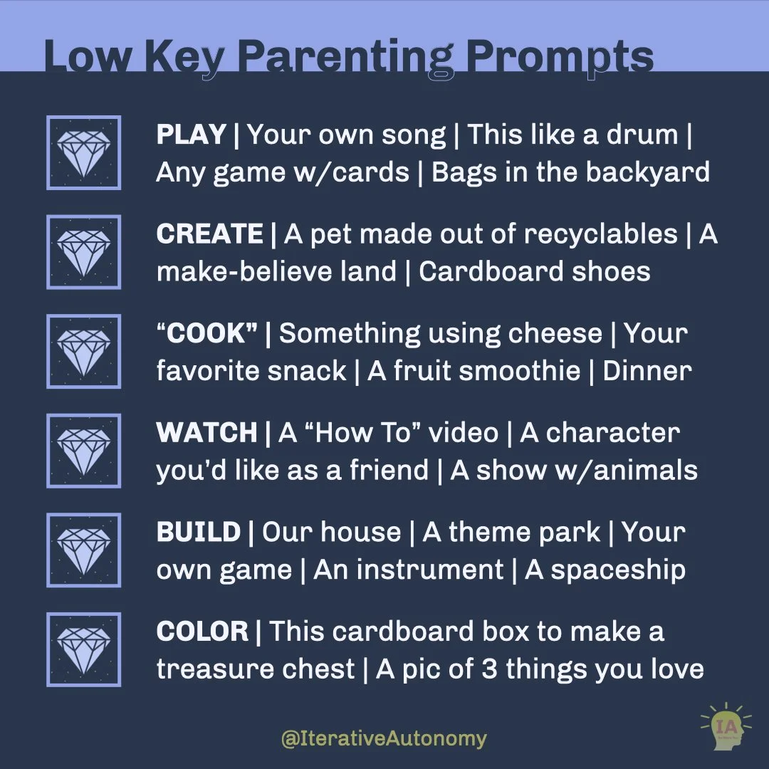  Title is dark blue text over a light blue background: Low Key Parenting Prompts.&nbsp;Phrases to Support Autonomy with Just a Few Words. Beneath are 6 light blue gems in a square of the same color. Next to each is a capitalized light blue verb follo