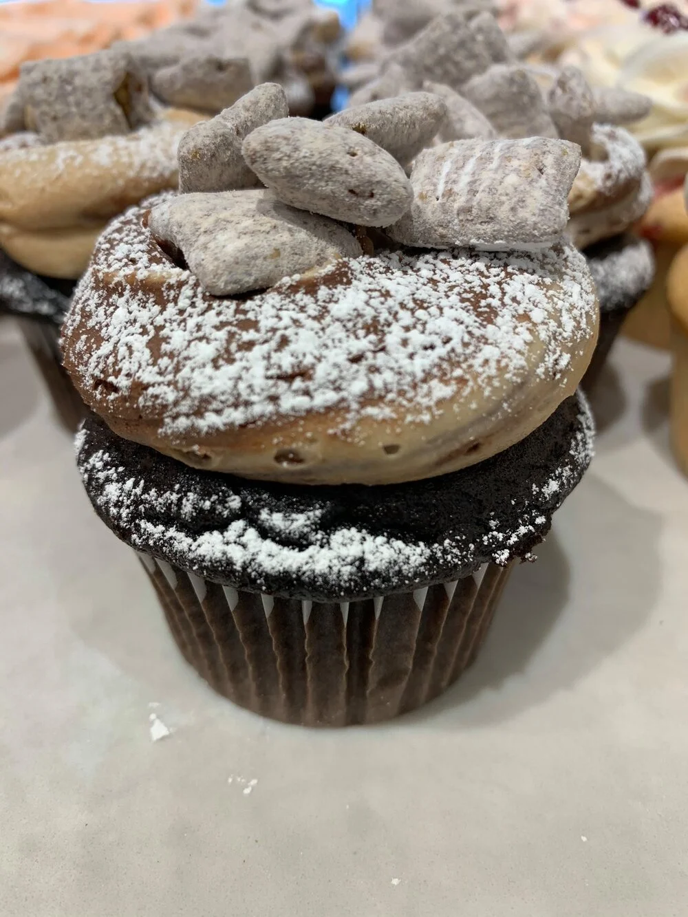 A cupcake with chocolate frosting, topped with powdered sugar and mini frosted animal-shaped cookies.
