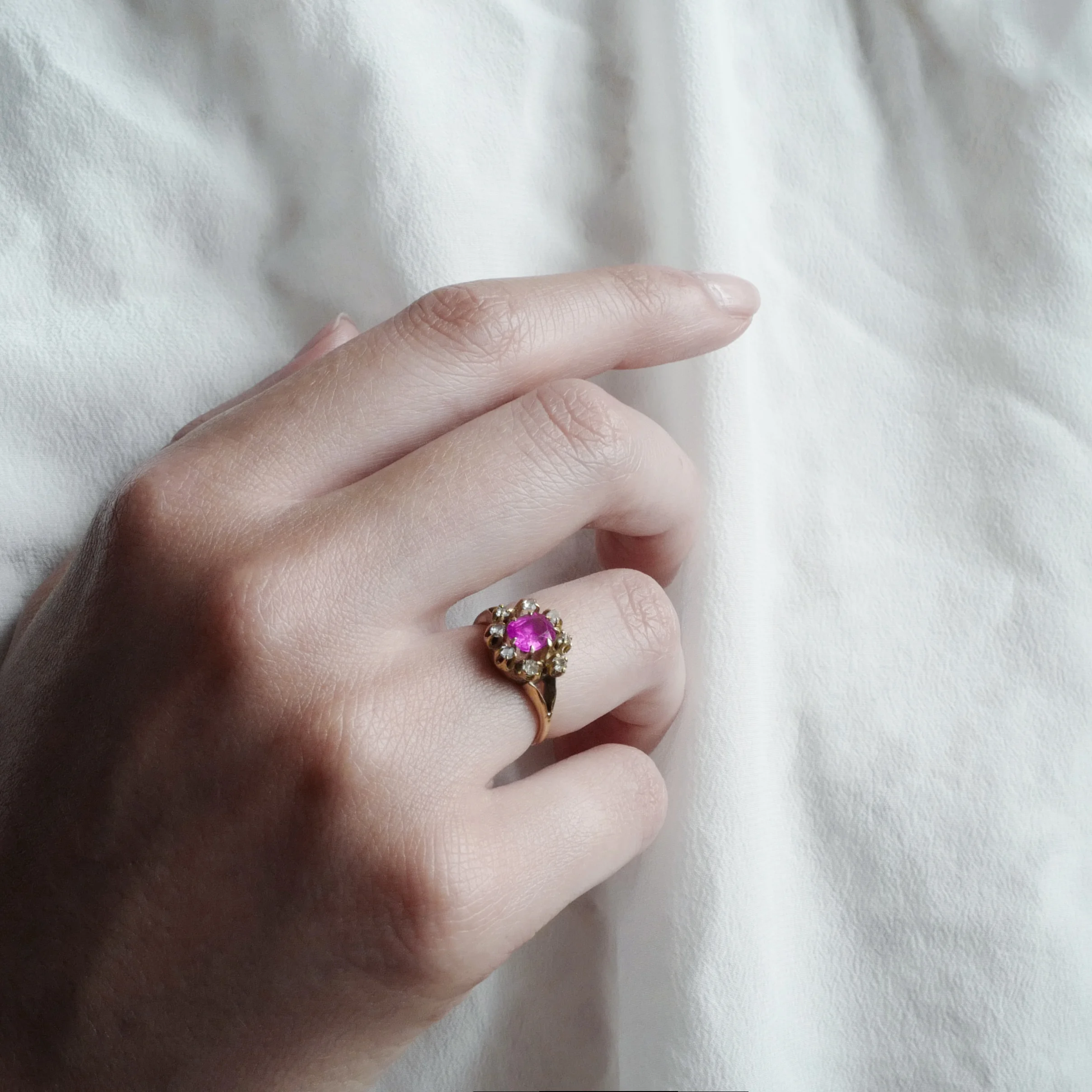 Victorian Era Rose Cut Diamond and Pink Sapphire Ring