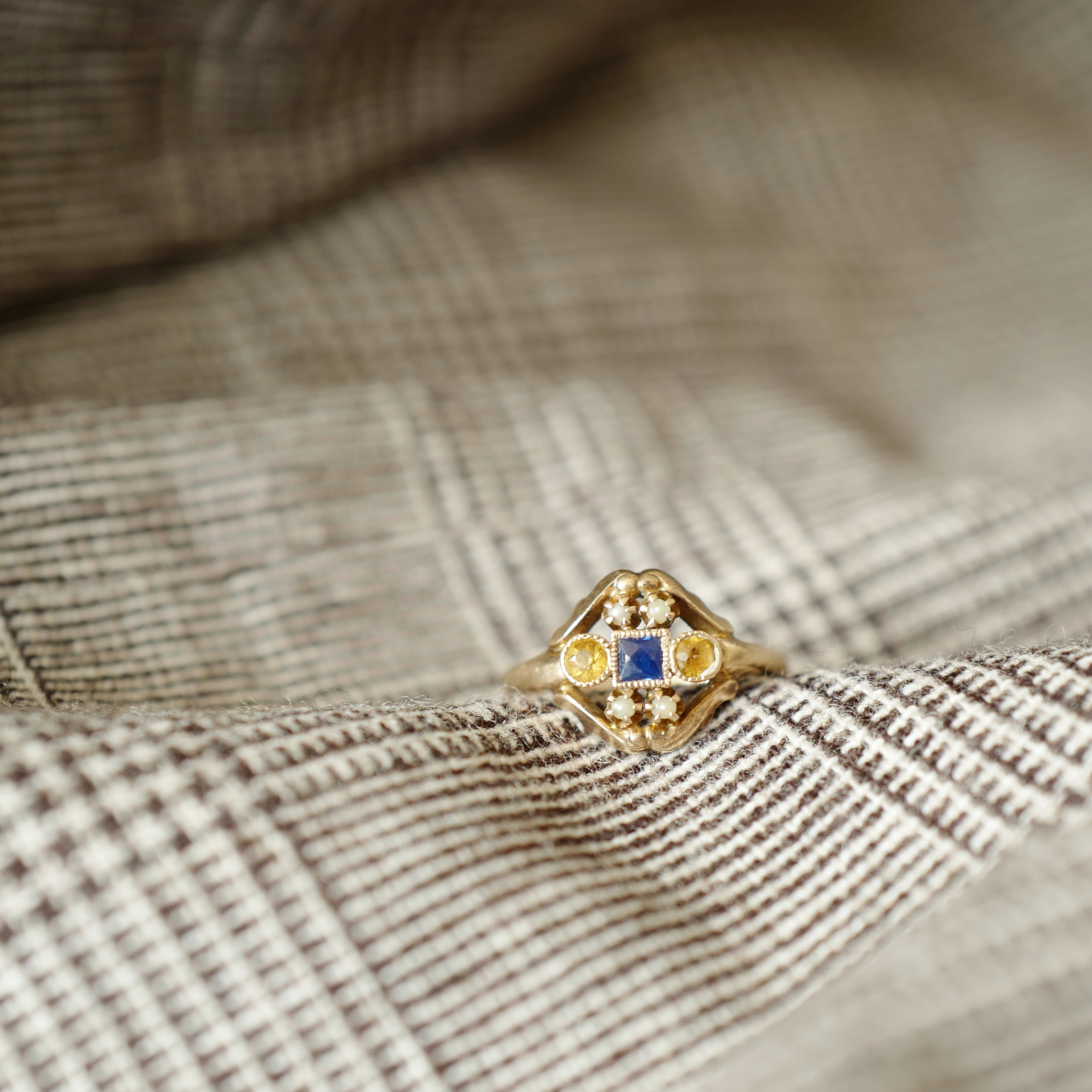 Victorian Sapphire, Citrine and White Seed Pearl Ring