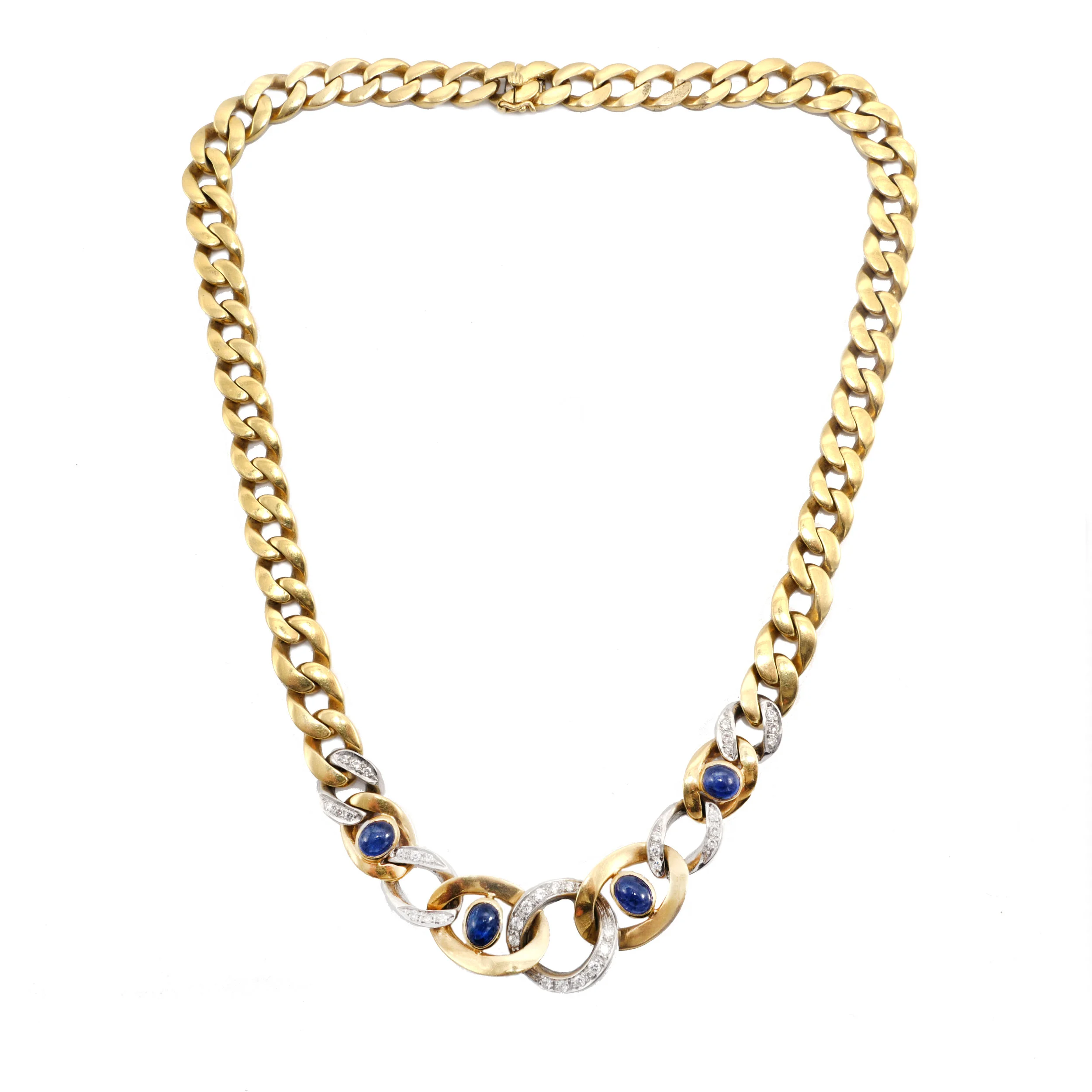 Diamond Link Necklace with Sapphire Cabochons