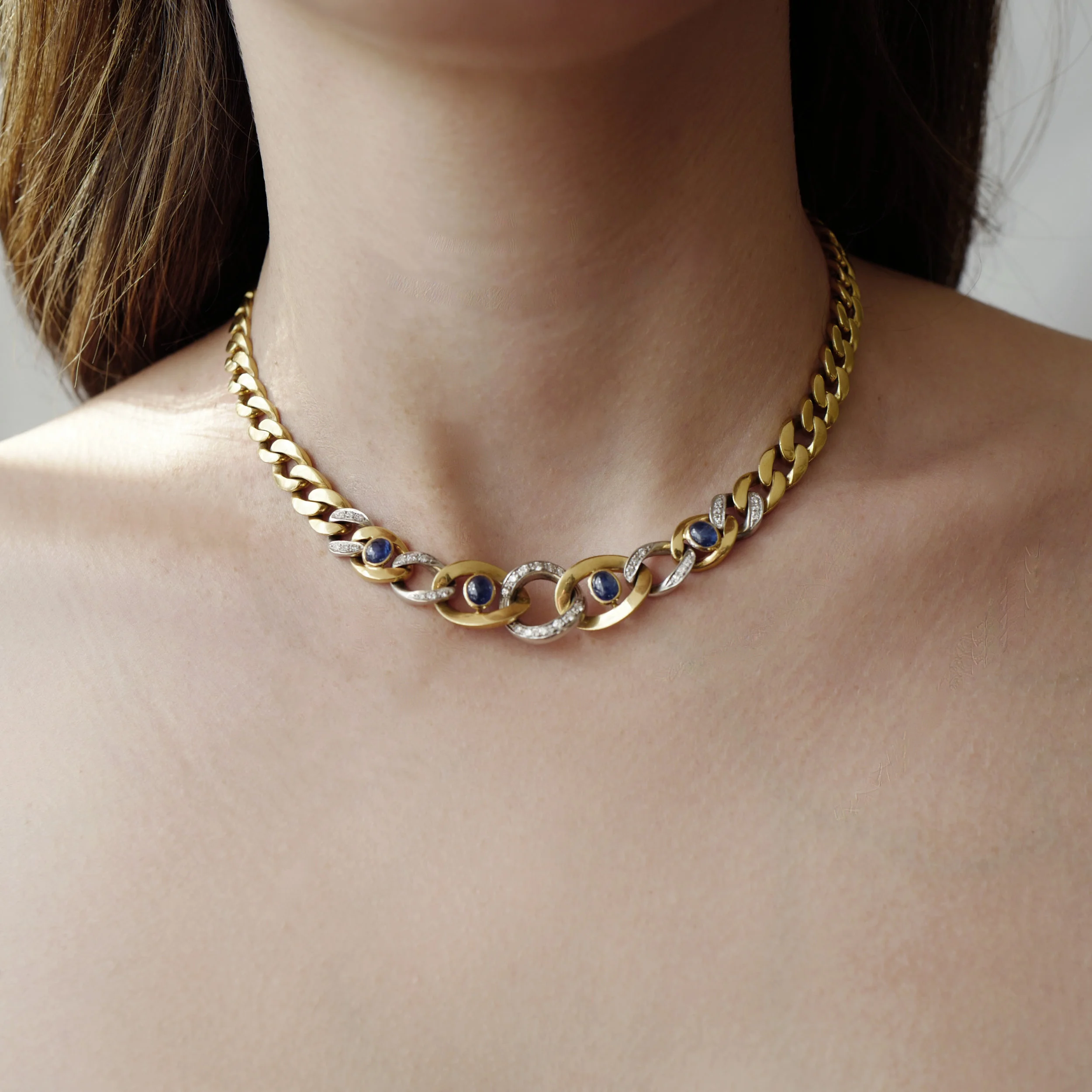 Diamond Link Necklace with Sapphire Cabochons