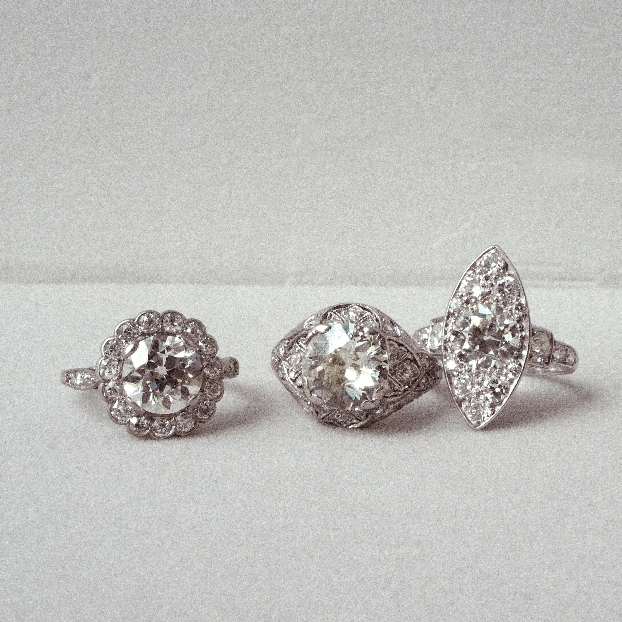 Edwardian old european cut platinum filigree engagement ring