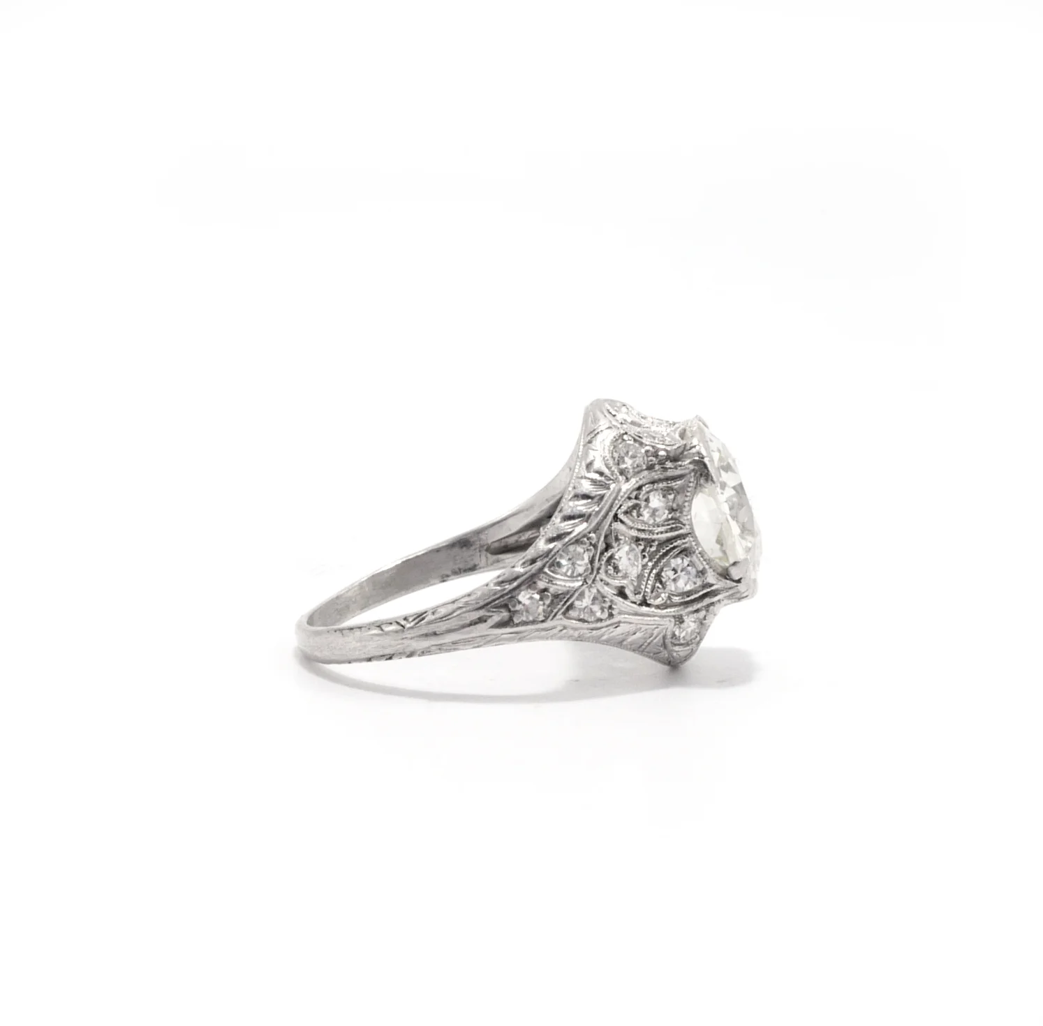 Edwardian old european cut platinum filigree engagement ring