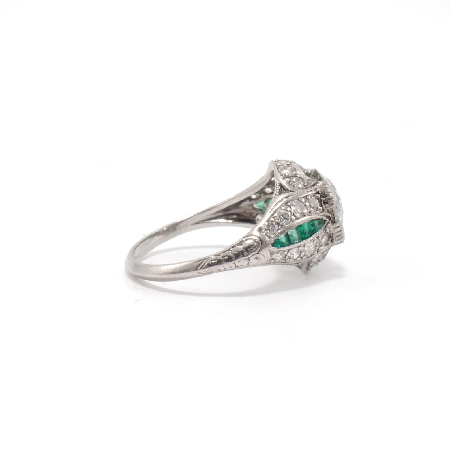 Art Deco old european cut and emerald engagement ring