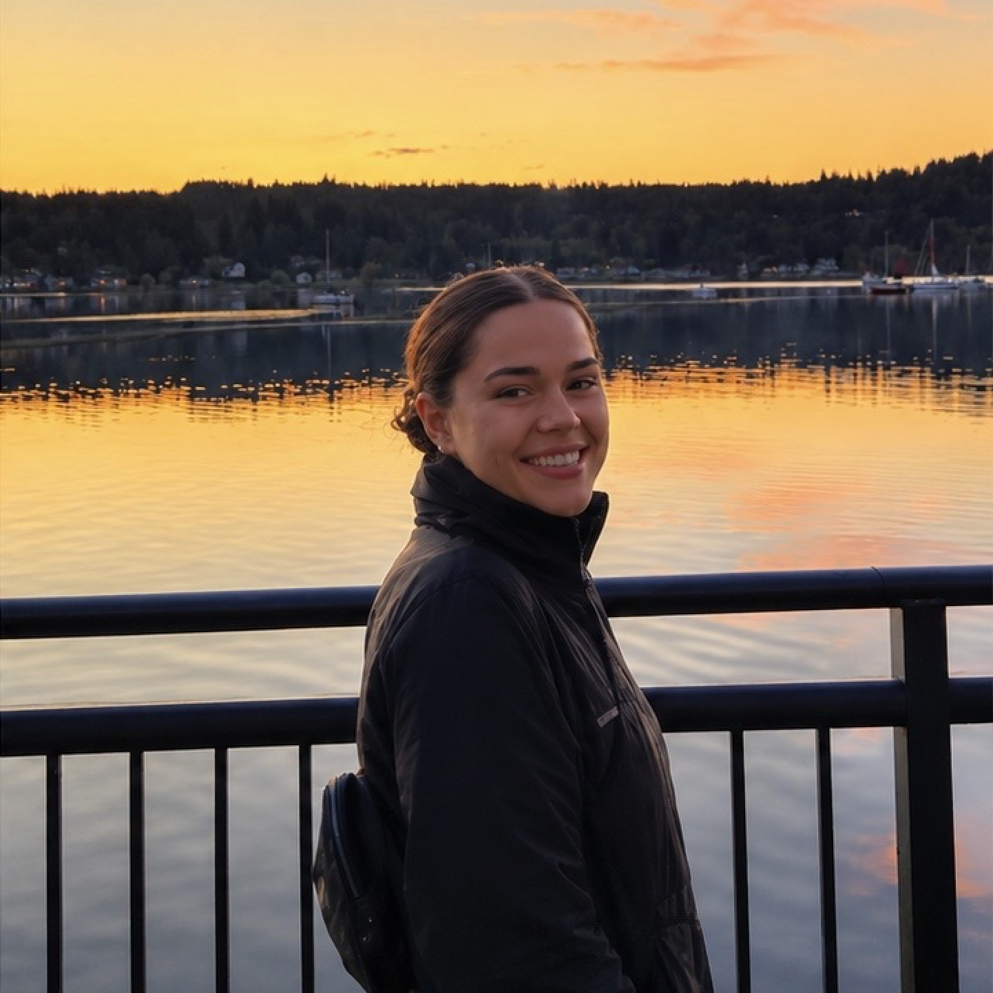 Chloe of Port Orchard Animal Clinic enjoying the waterfront at sunset in Washington.
