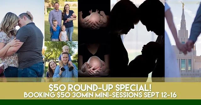 If you haven't heard already:

I'M COMING HOME...
...for Round-Up Week!

I'm offering $50 30min Mini-Sessions from evening Tues Sept 12th-Morning Sat Sept 16th.
I have a few sessions already booked for that week, but if your family portrait needs a r