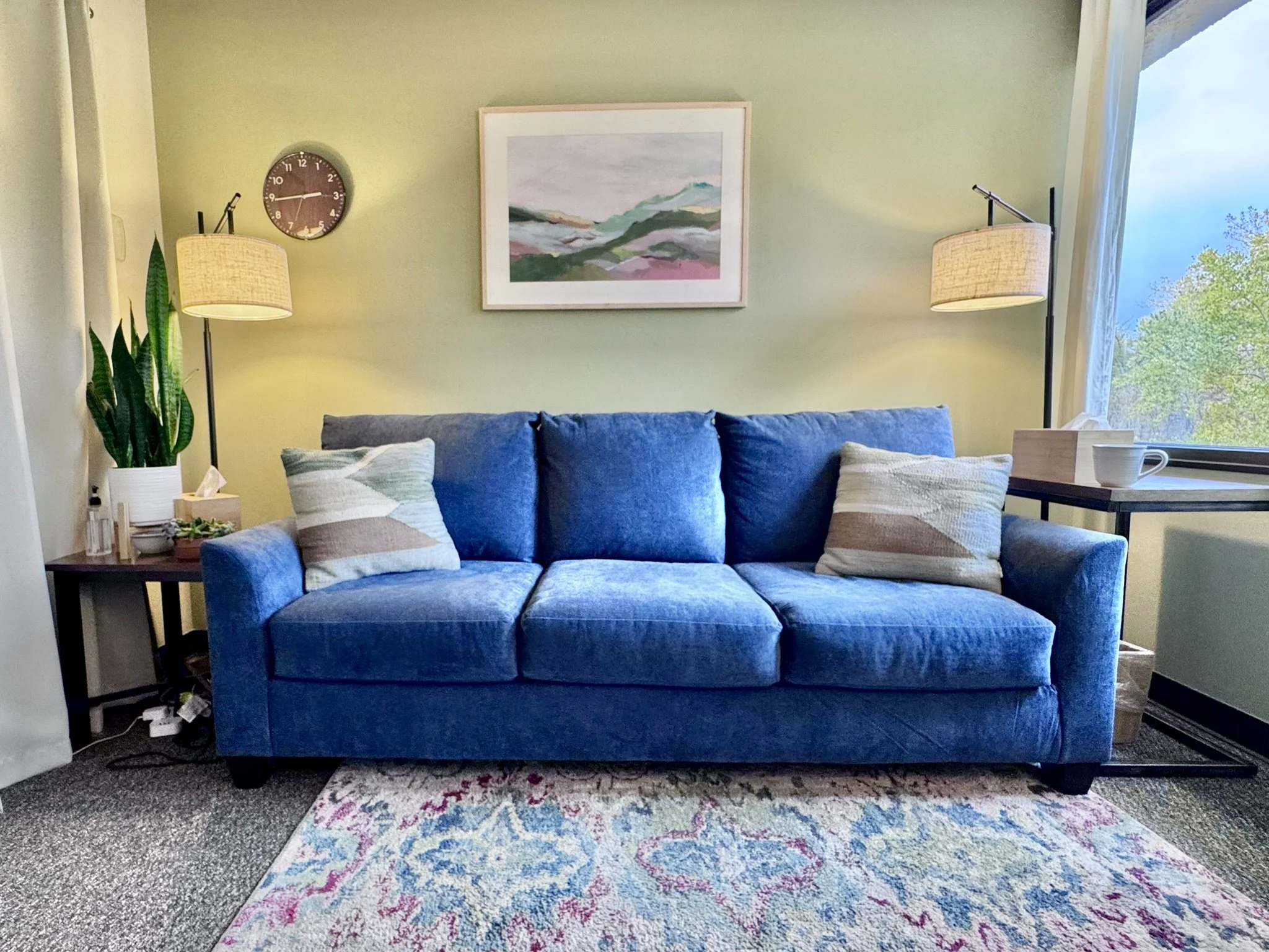 Therapy office with couch, plants and outside view