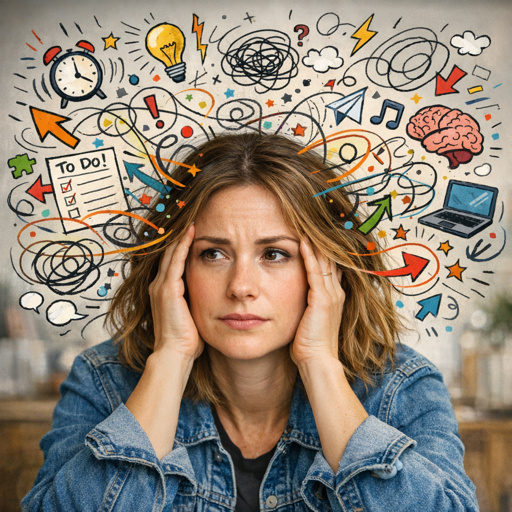 ADHD woman with many thoughts and to-do's swirling around her head
