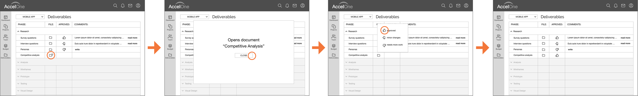 After notification to view new deliverables, Steven can view and approve them. Or add a note to request a change.