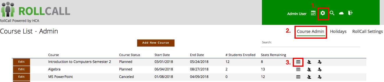 The admin session grid lets you edit individual course sessions.