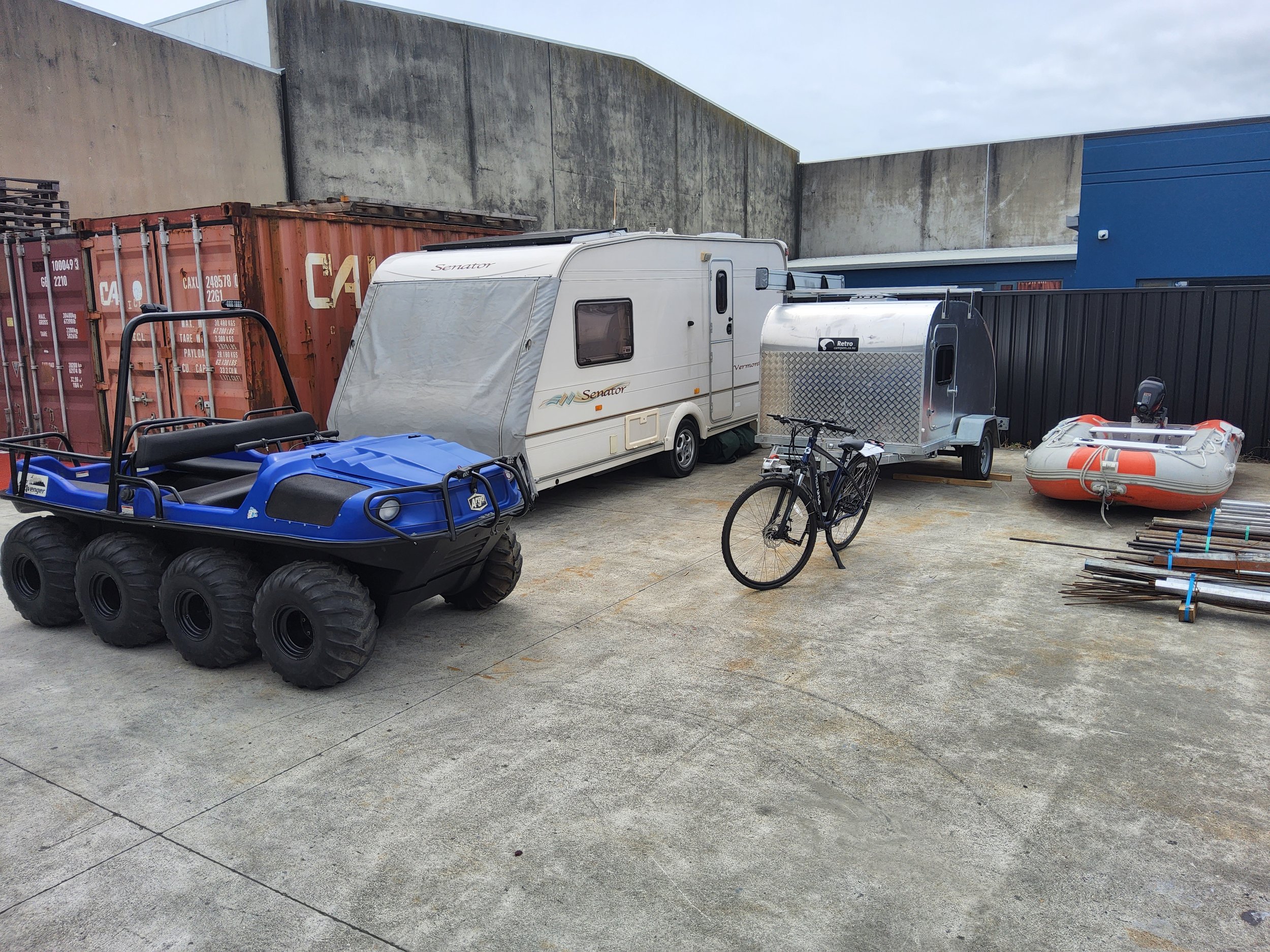 2004 Bailey Senator Vermont Caravan, Aquamaster inflatable boat, Oztrail Chateau 10XL canvas tent, Classic Teardrop Retro Camper, Argo XTV Vehicle