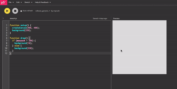 Generic rollover 1: mouse changes the background to black or white based on x position.