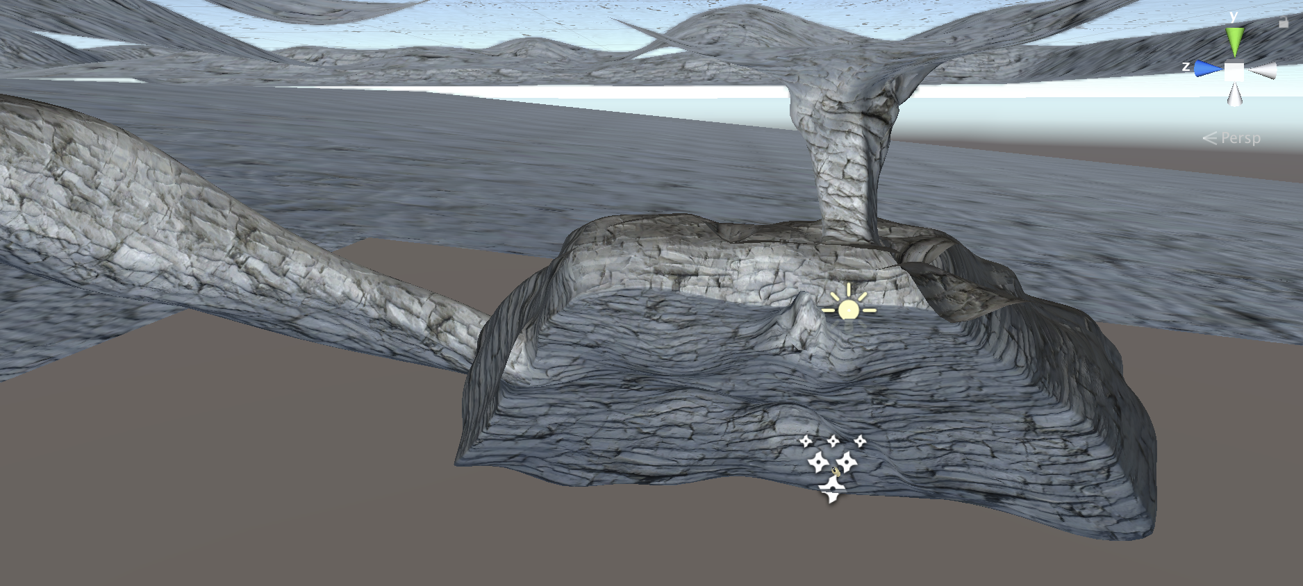 Overall shot of the world. A tunnel from the top is where players initially fall into, the cave below is the main environment to be explored to find objects. Another tunnel leads outward for the final escape to the surface.