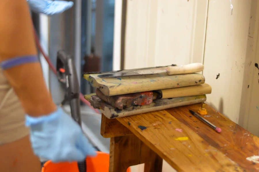Klemkowski has since traded in her career in the restaurant business, both as a server and as a manager. She has since traded slinging drinks for slinging ink with specialized squeegees such as these. 