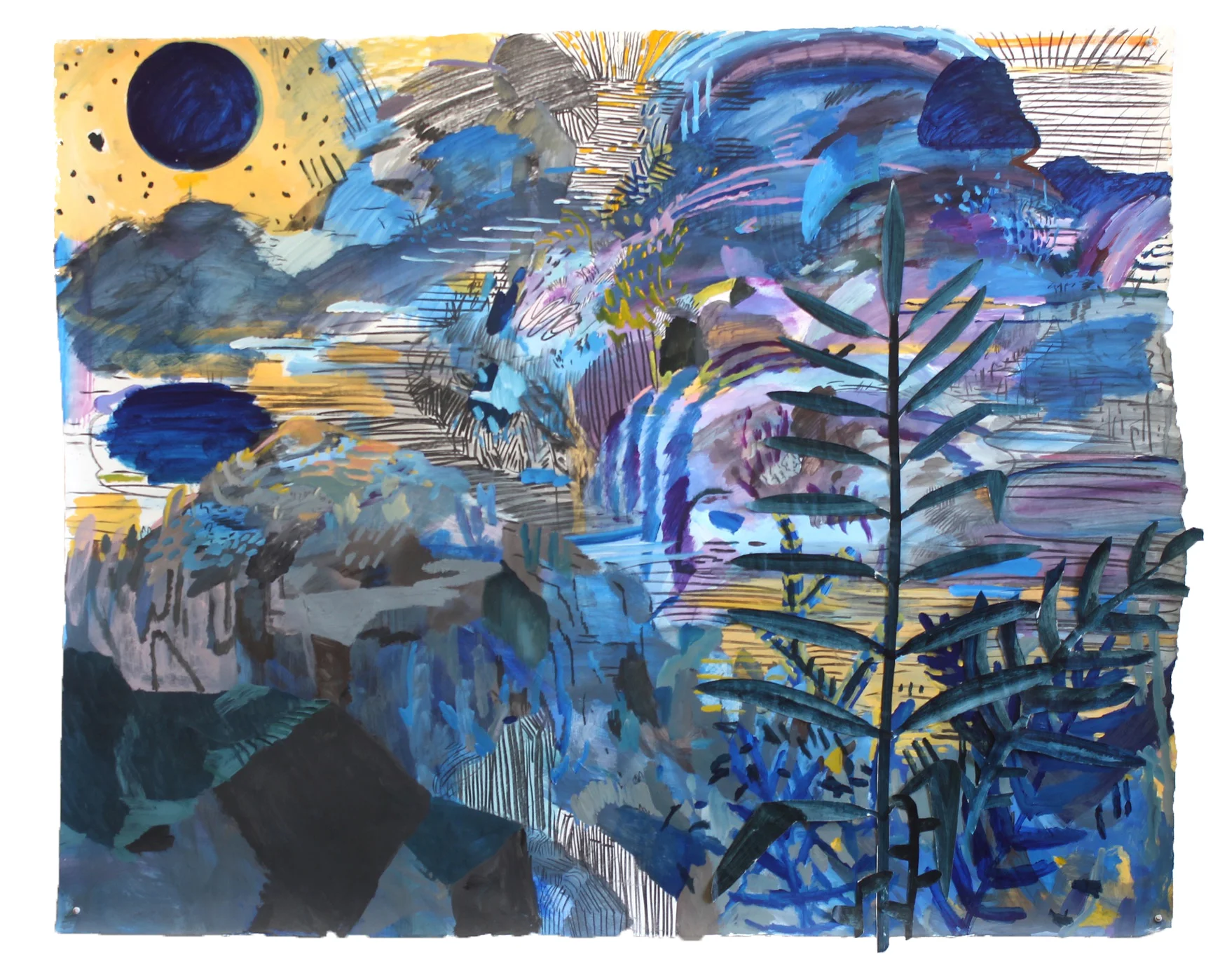 silt collage , acrylic and charcoal on gessoed paper, 48” x 36”, 2015