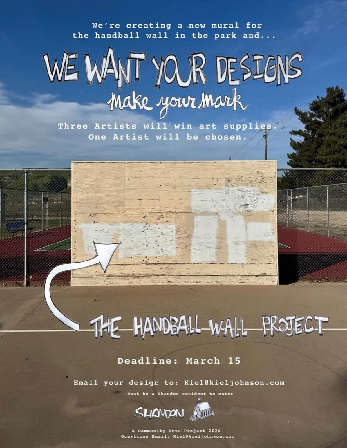 Organizing a small mural contest in Shandon. We want your design on the handball wall. 🖼️ Email me your concepts by March 15. Top three designs win art supplies. One artist gets the handball wall. The rest of us help. All ages. Anyone can apply, mus