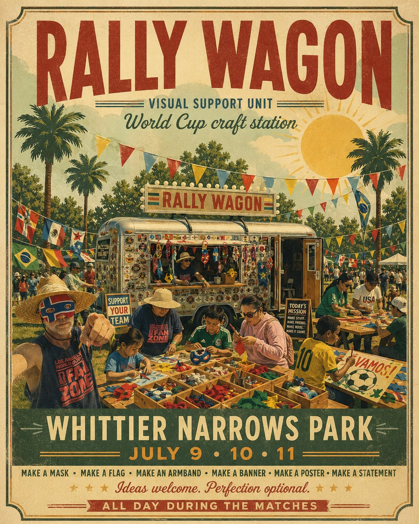 Come rally with us at Whittier Narrows.

The Rally Wagon will be out there July 9, 10, and 11 &mdash; all day, all three days, making flags, pennants, banners, headbands, felt magic, and whatever else the tables decide to produce.

Details to follow.
