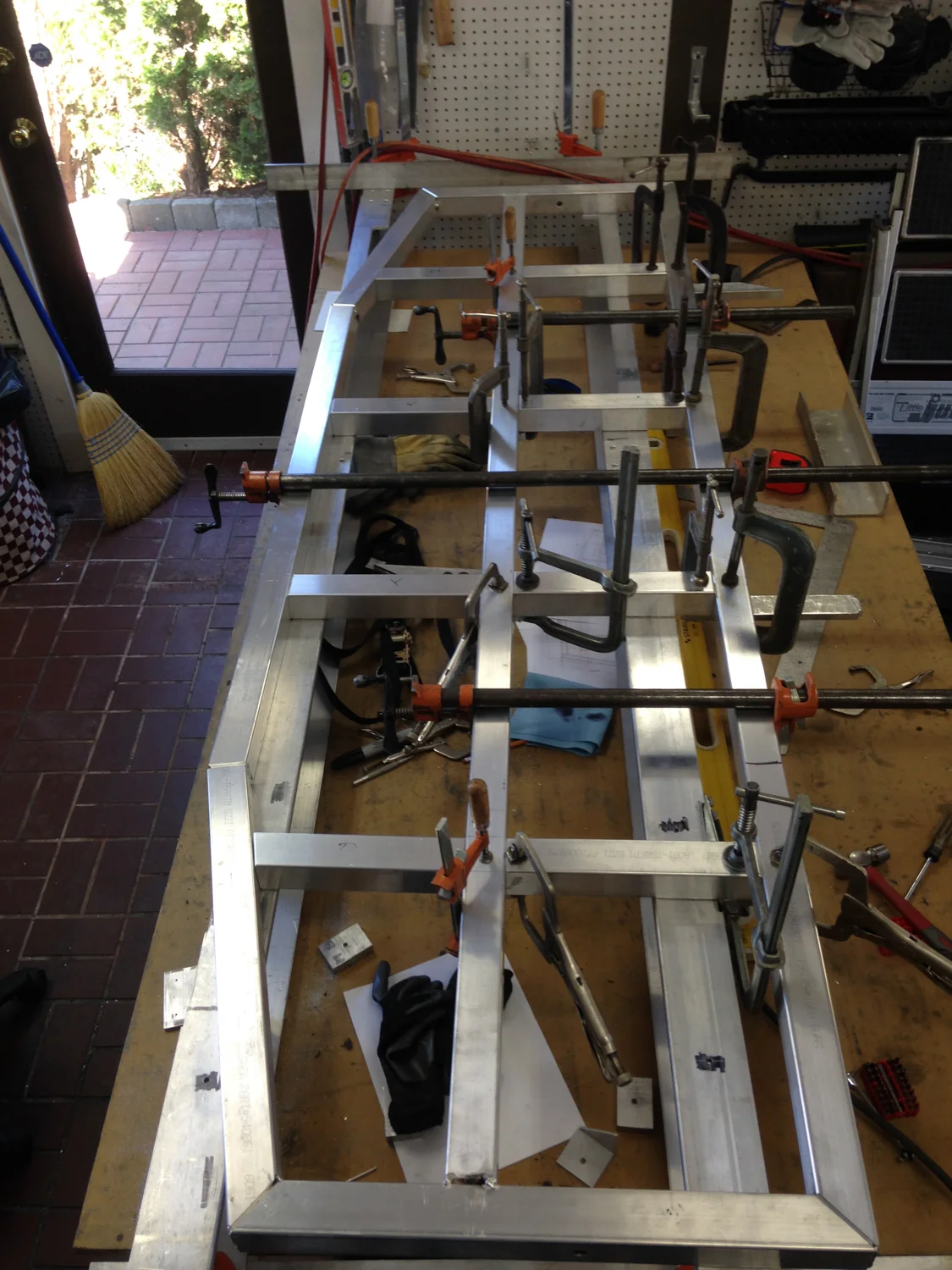 All of the square tubing bits assembled and clamped for tacking it together with the TIG.
