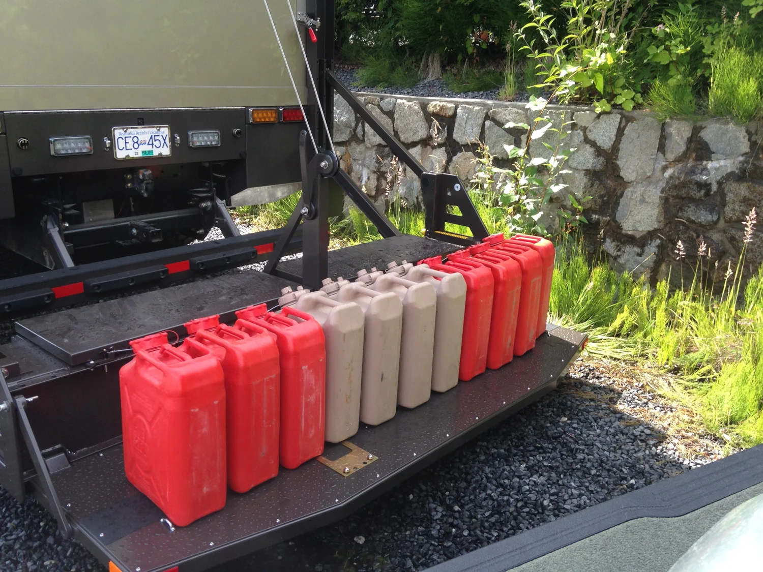 The jerry cans were all filled with water to simulate the weight of the motorcycle.