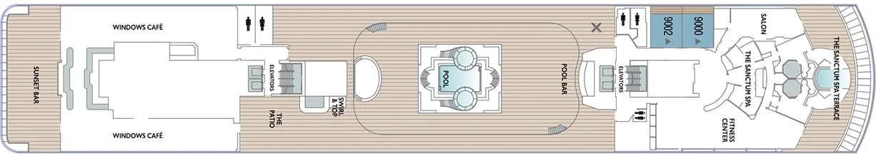 Deck 9 - Windows Cafe, Patio Grill, Pool, Sanctum Spa, Fitness Centre