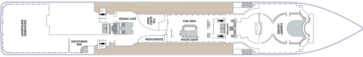Deck 5 - Discoveries Restaurant &amp; Bar, Mosaic Cafe, Shopping, The Den Lounge, Cabaret Lounge