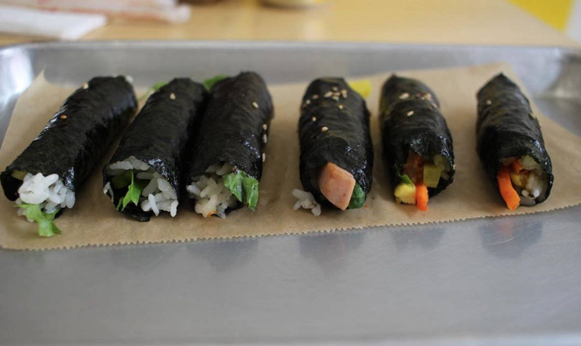 Hot pepper, shrimp, kimchi, bulgogi, Spam and veggie kimbap ($1.25 each) at Mari Kimbap Shop