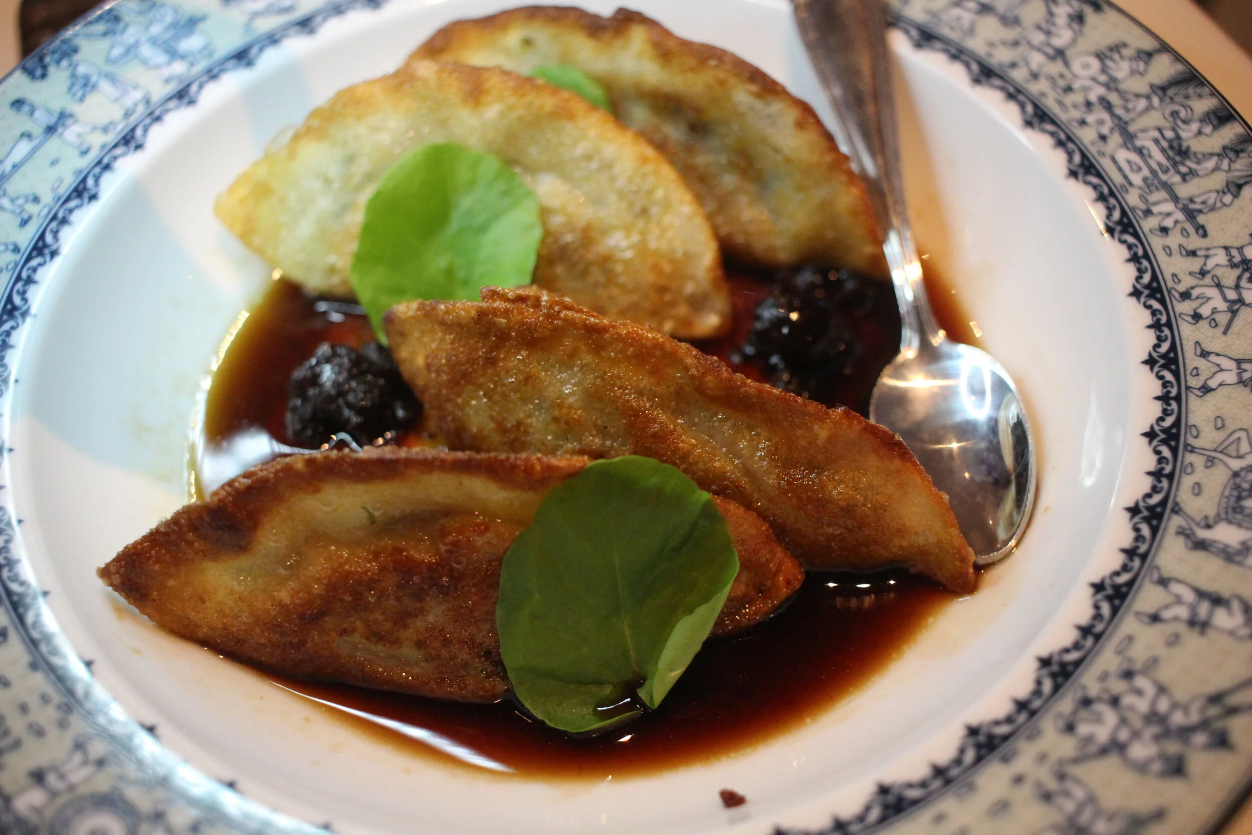 Maple Leaf Farms duck potstickers with Luxardo cherry agrodolce at Crustacean, Beverly Hills