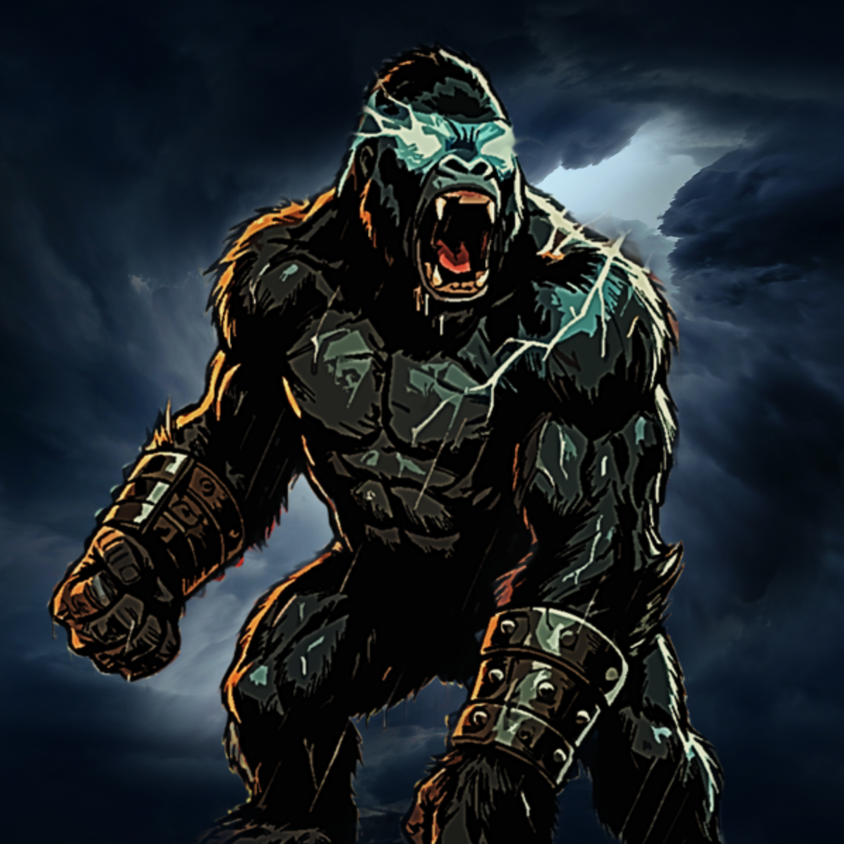 Illustration of a fierce gorilla with lightning and orange accents in the background.