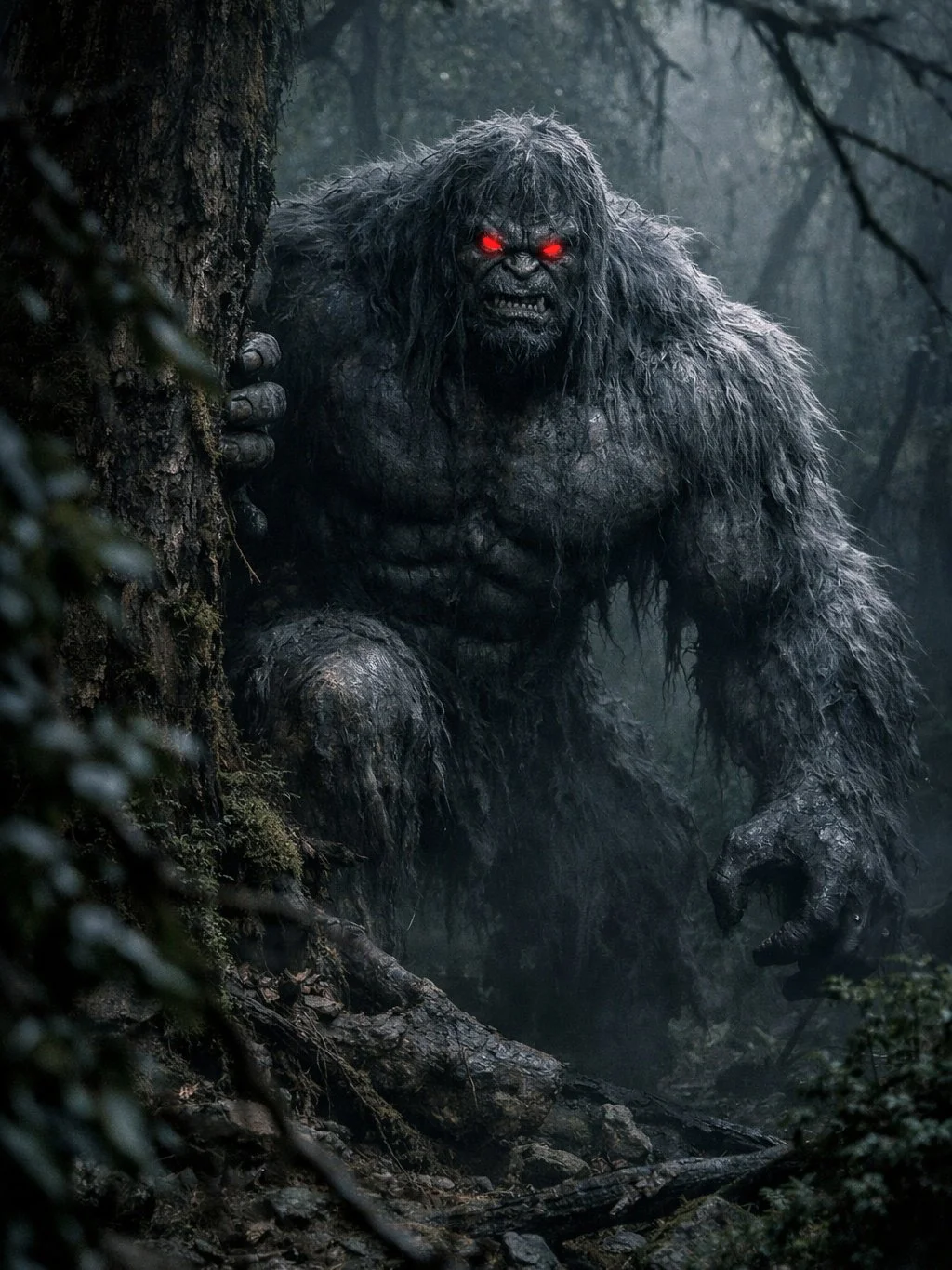 A drawing of a large, muscular creature with gray fur and red eyes, titled 'The Unstoppable Beast'. The creature is walking forward with a fierce expression. The word 'TITAN' appears in large, stylized, glowing letters on the ground beneath it.