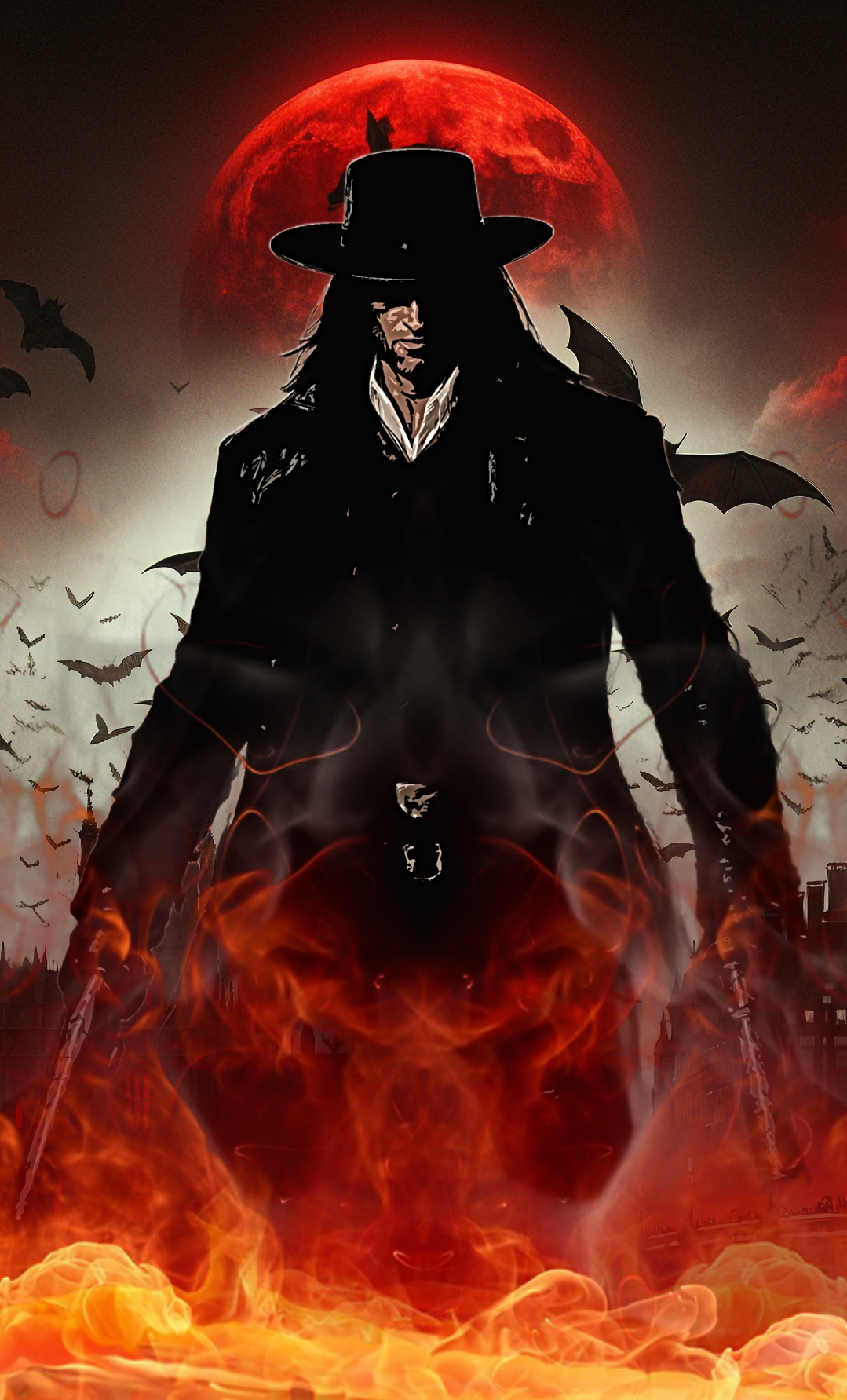 A dark and mysterious man dressed as a cowboy with a wide-brimmed hat, standing amidst flames, with a large red moon, flying bats, and silhouettes of buildings in the background.