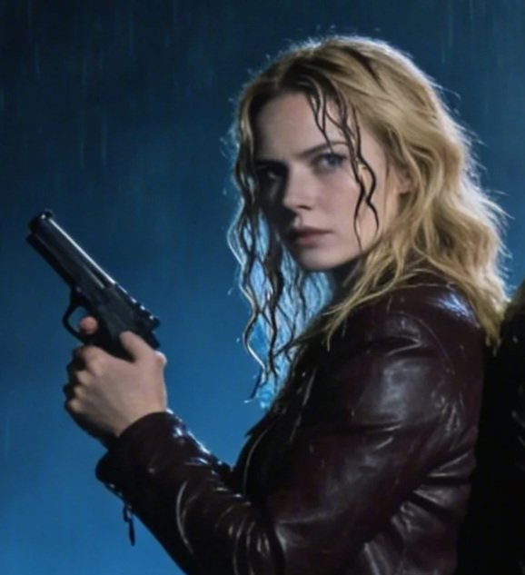 A woman with long blonde hair, holding a handgun, wearing a leather jacket, with a serious expression, in a rainy scene.