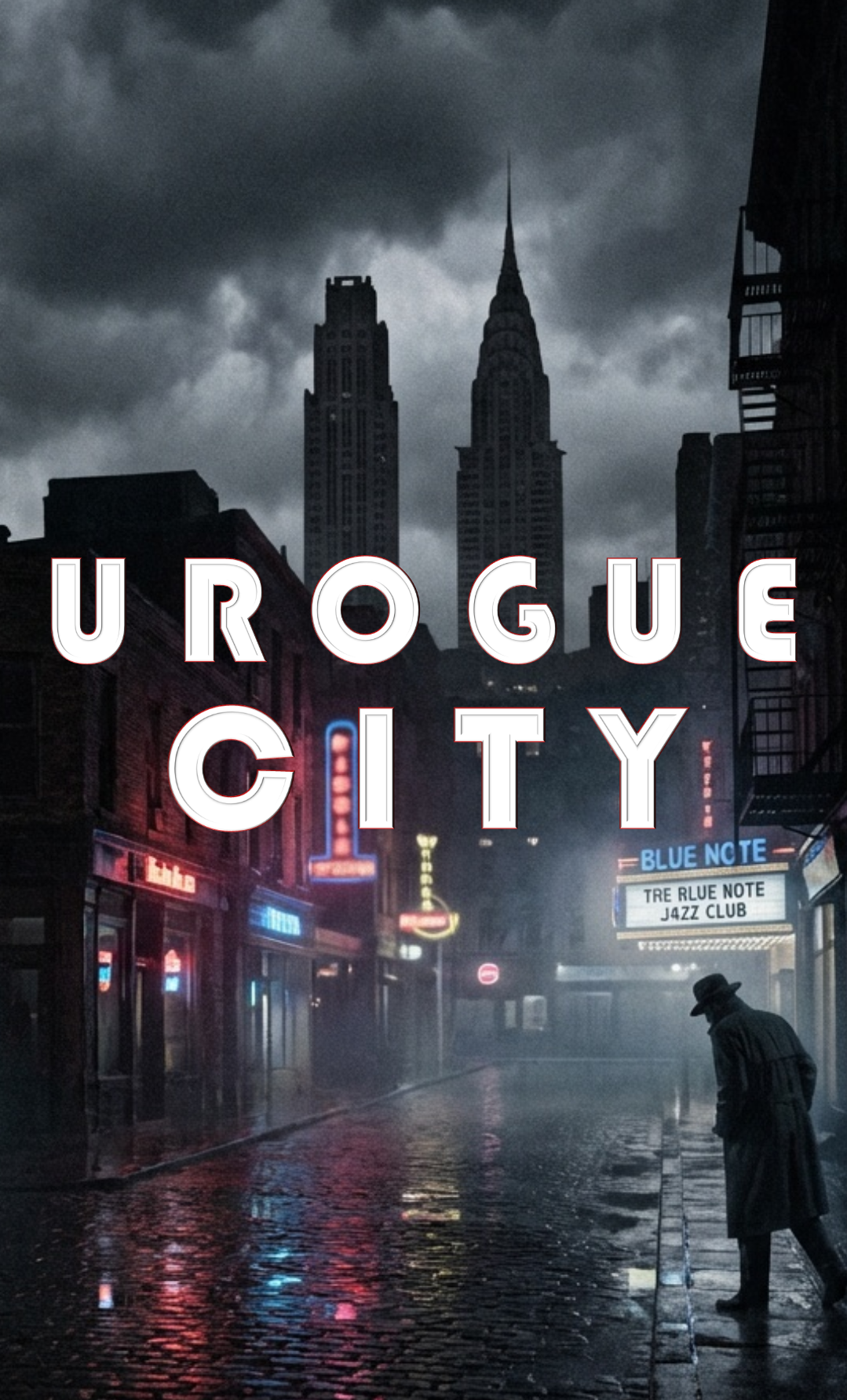A dark, rainy city street at night with neon sign lights and a person wearing a trench coat and hat standing on the sidewalk. Tall buildings with smoke or fog in the background. The text 'URGE CITY' overlays the scene.